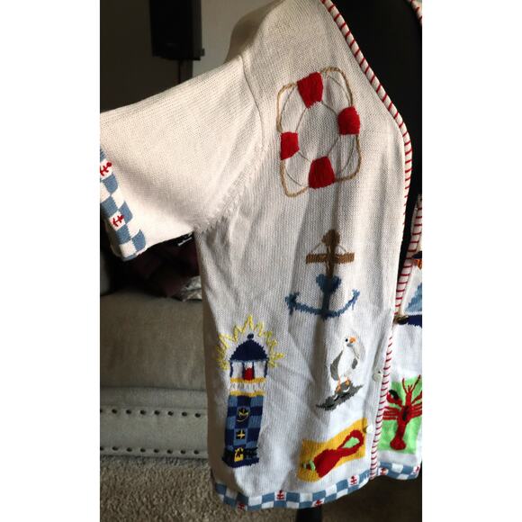 Vintage 80s 90s The Quacker Factory Cardigan Nautical Sailboat Lighthouse 1X - Picture 2 of 10